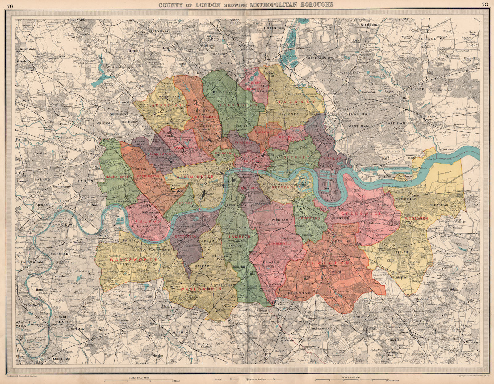 COUNTY OF LONDON. Showing Metropolitan Boroughs. Railways tube. LARGE 1939 map